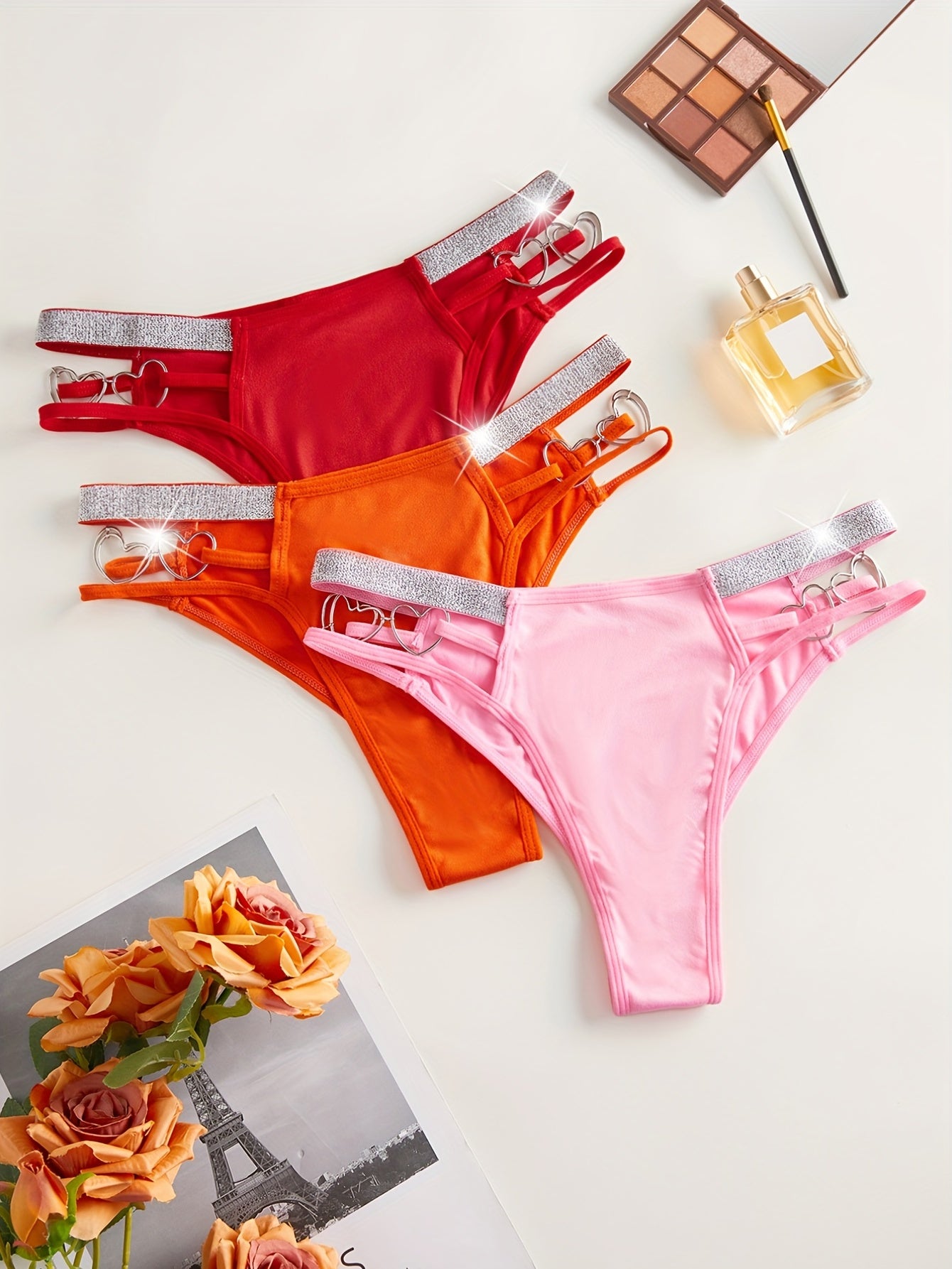 3pcs Heart Ring Linked Thongs, Hollow Out Low Waist Stretchy Panties, Women's Lingerie & Underwear