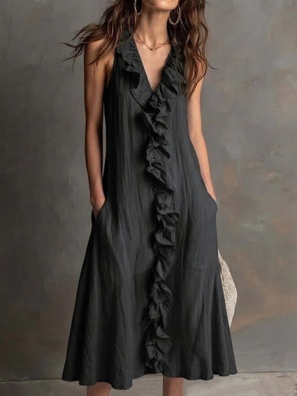 Solid-color Sleeveless Cotton-Linen V-Neck Maxi Dress With Ruffled Hem