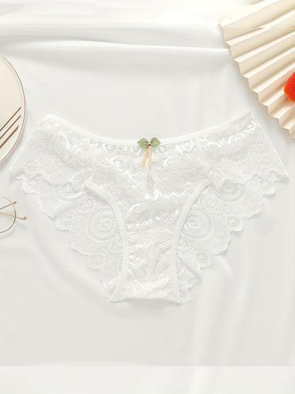 5pcs Floral Lace Bow Tie Briefs, Sexy Cut Out Scallop Trim Panties, Women's Lingerie & Underwear