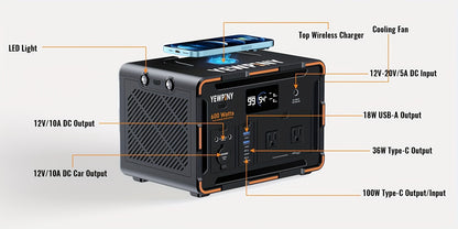 YEWPINY 600W Portable Power Station, 600W Fast Charging, 599.4Wh Lithium Battery Solar Generator AC Power Socket, DC Port, LED Lighting, PD And USB, A Total Of 9 Output Ports, Suitable for Home, Outdoor Travel, Camping And Po