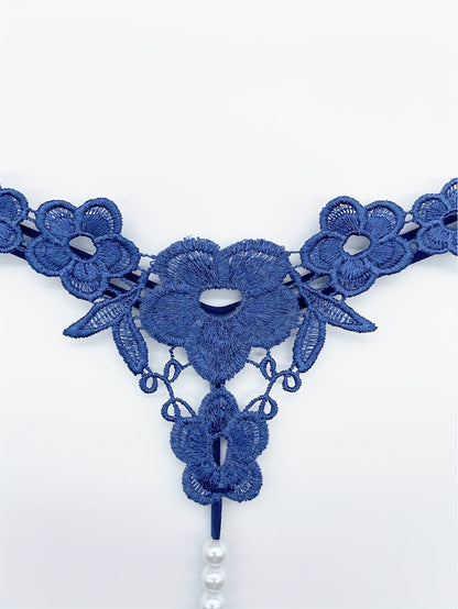 Floral Embroidery Thong, Hollow Out Faux Pearl Panties, Women's Sexy Lingerie & Underwear