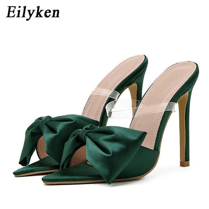 New Fashion Bowknot Women's Slippers Pointed Toe Thin High Heels Summer Elegant Dress Party Ladies Slides Pumps Shoes