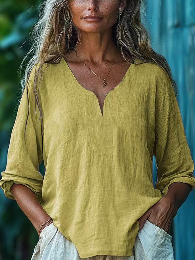 Womens Casual Loose Fashion Cotton-Linen Long-Sleeve V-Neck Solid Color Top