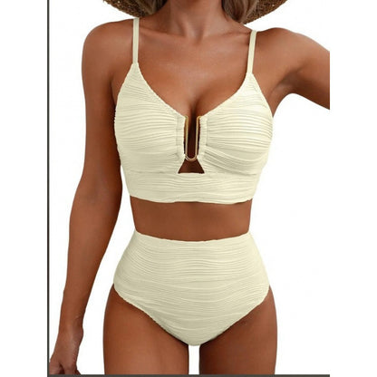 Split bikini metal buckle solid color gathered high waisted swimsuit