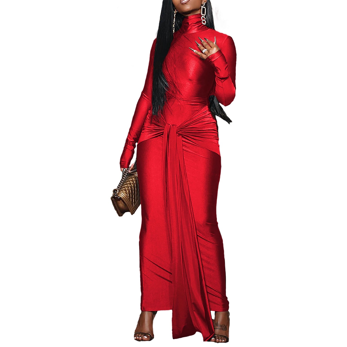 Fashion High Neck Belted Dress Long Dress