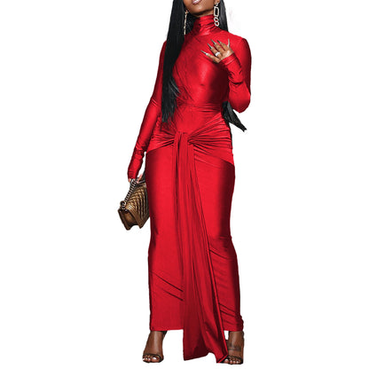 Fashion High Neck Belted Dress Long Dress