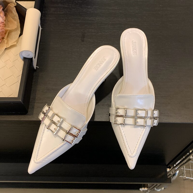 Summer New Brand Women Slipper Fashion Buckle Poined Toe Slip On Mules Shoes Thin High Heel Dress Sandal Shoes