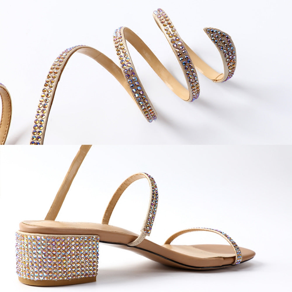 Summer Crystal Gladiator Sandals Women Open Toe Square Heels Sandals Women Fashion Party Dress Snake Strap Shoes