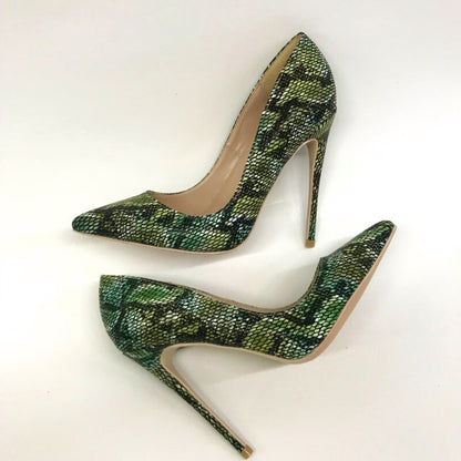 Tikicup Green Python Pattern Embossed Women Sexy Stilettos High Heels Designer Chic Pumps for Elegant Ladies Slip On Dress Shoes