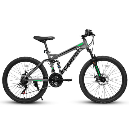 A2460 24 Inch Mountain Bike With Full Suspension, 21 Speed Shifter Lever With Gear Indicator, High Carbon Steel Frame, Mechanical Disc Brakes, Unisex For Men Women Adults, Ideal For Trails.