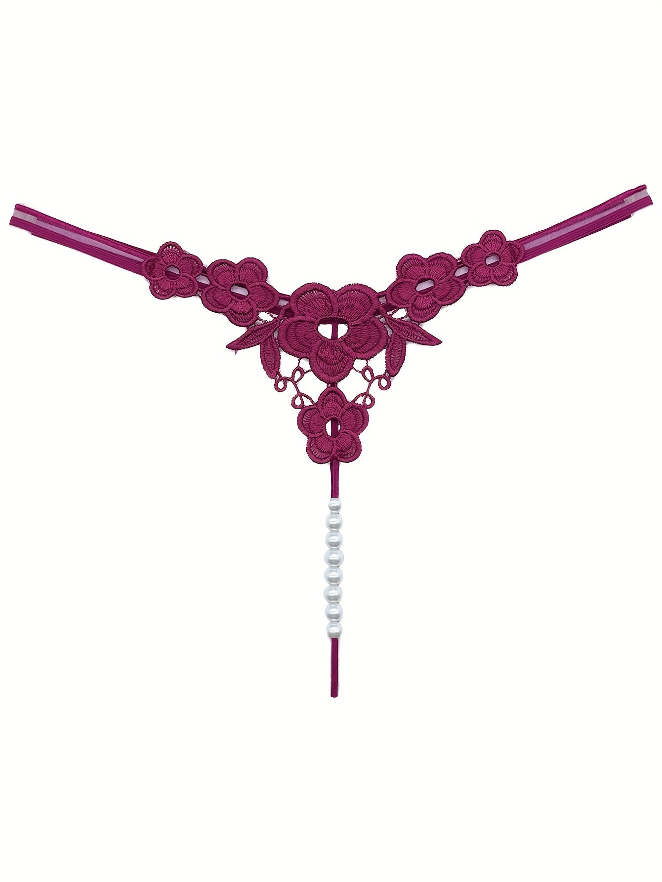 Floral Embroidery Thong, Hollow Out Faux Pearl Panties, Women's Sexy Lingerie & Underwear