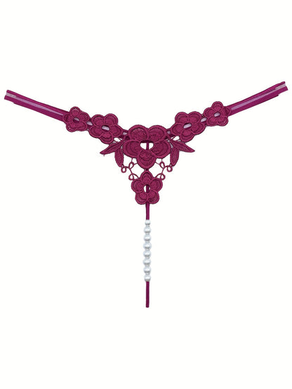 Floral Embroidery Thong, Hollow Out Faux Pearl Panties, Women's Sexy Lingerie & Underwear