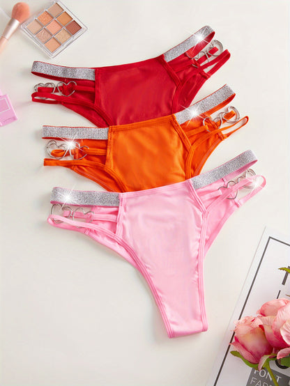3pcs Heart Ring Linked Thongs, Hollow Out Low Waist Stretchy Panties, Women's Lingerie & Underwear