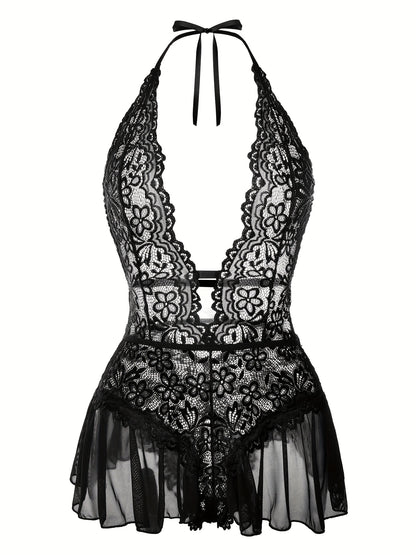 Sultry Floral Lace Teddy Bodysuit - Teddies with Halter Strappy Backless Open Crotch Design, Sexy Women's Lingerie & Underwear for Romantic Nights Out