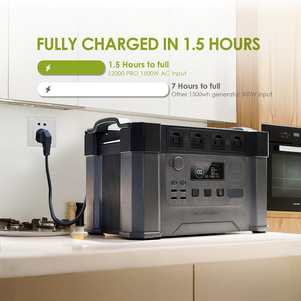 ALLPOWERS S2000 Portable Power Station - 2000W (Peak 4000W) Solar Generator with 1500Wh Lithium Battery, 4 AC Outlets for Camping, RV, Emergency Off-Grid Use, Solar Power Generator