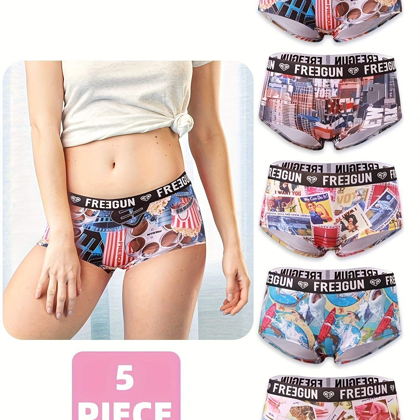5pcs Soft & Comfortable Cartoon Print Boy Shorts - Women's Lingerie & Underwear with Cute Designs, Breathable Fabric, and Relaxing Fit for Everyday Wear