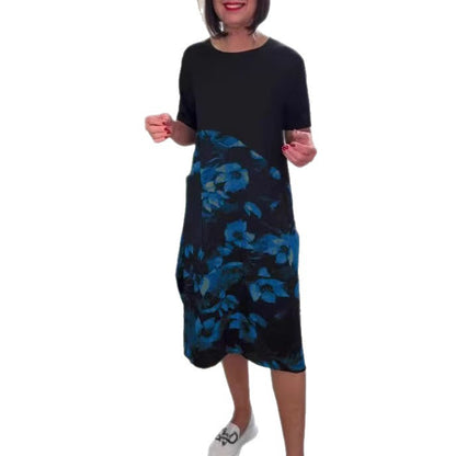 European And American Style Fashionable Patchwork Printed Crew-Neck Midi Dress