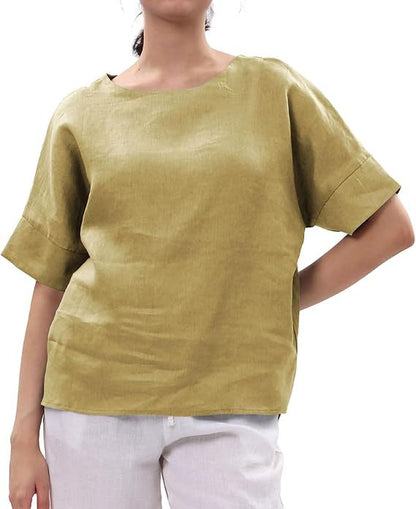Linen Top Crew-neck Short-sleeve Shirt
