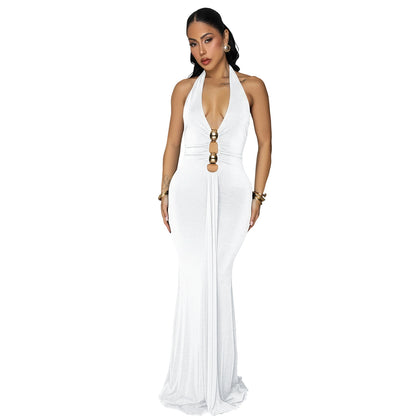Fashion Women's Sexy Backless Halter Deep V Neck Solid Color Dress
