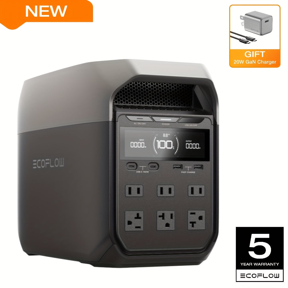 ECOFLOW DELTA 3 Portable Power Station & 20W GaN Charger Solar Generator - 1024Wh LiFePO4 Battery, 1800W Output, 56-Min Fast Charge, Dual-Power (Battery/), 10-Year Durability for Home Backup, Outdoors, RV, Camping - Compatibl