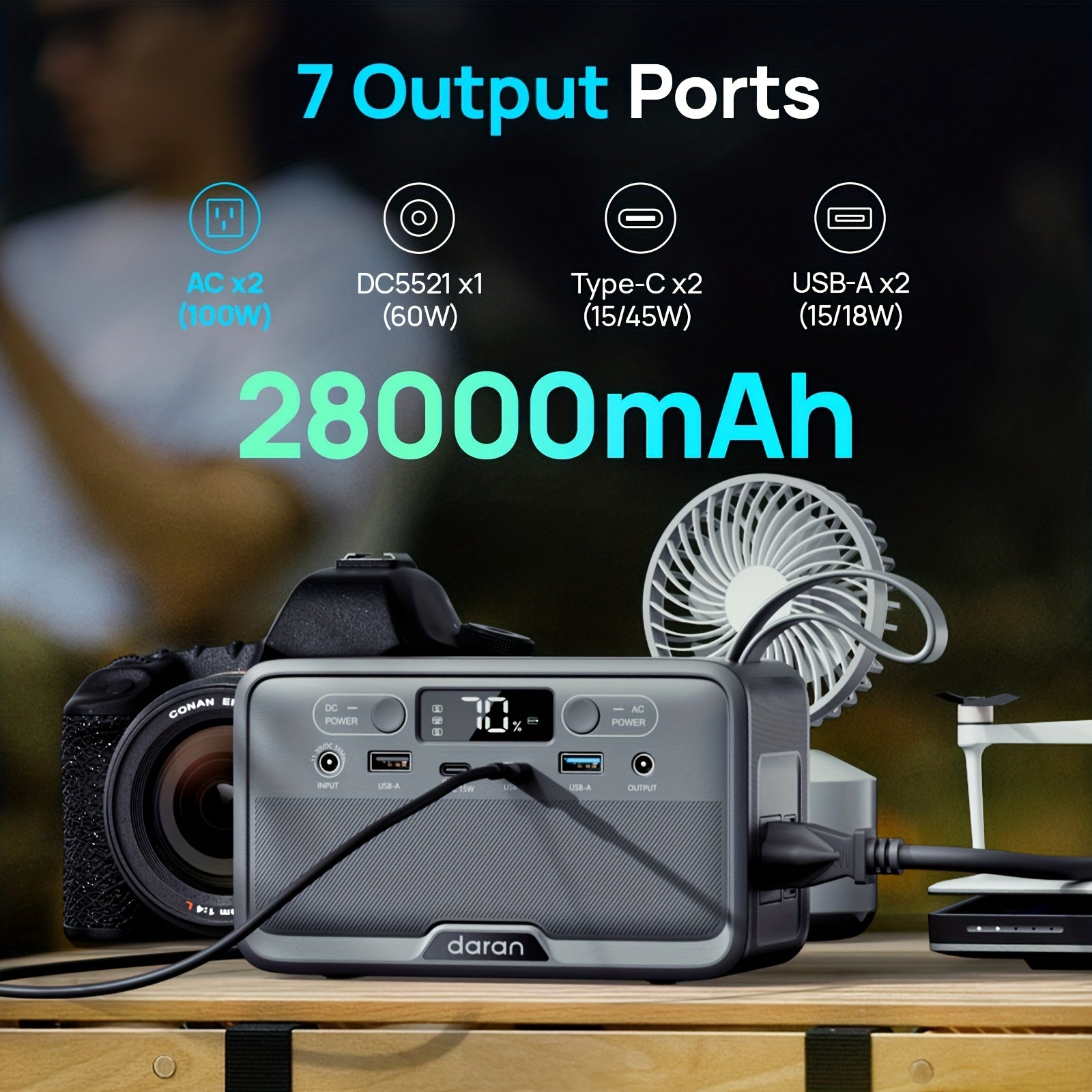 Daranener 100W 28000mAh Portable Power Station Solar Generator with AC Outlet & PD Fast Charging, Lifepo4 Battery, 89.6Wh/28000mAh Capacity, Solar-Powered Portable Charger for Home, Camping, RV, Outdoor - Compatible with Lapt