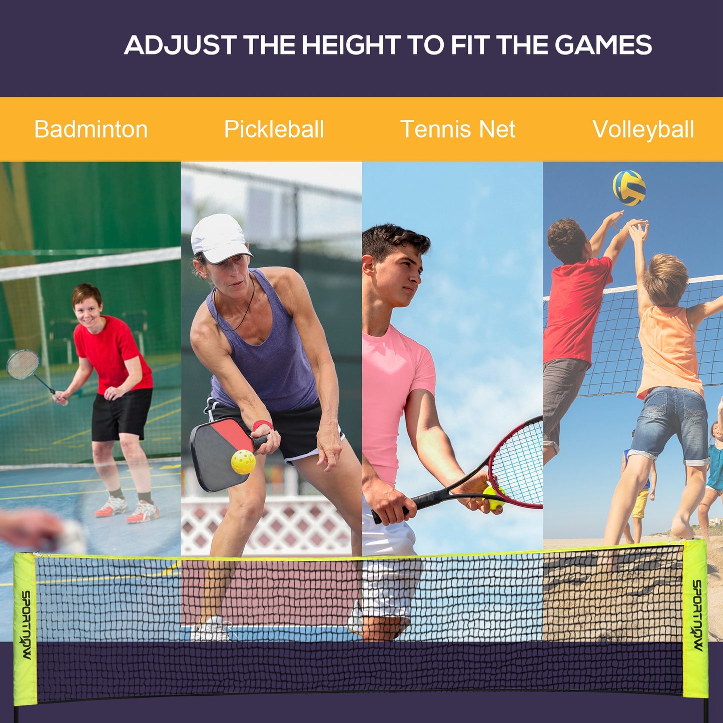 SPORTNOW 3m Badminton Net, Height Adjustable Outdoor Sports Net, With Carry Bag, For Tennis, Pickleball, Volleyball