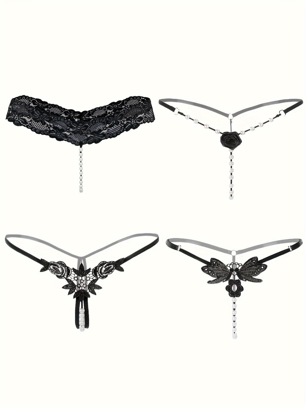 4 Pcs Seductive Lace Thongs - Sultry Low-Rise, Daring Open Crotch, Ultra-Sheer G-String with Delicate Pendant Pearl Accent - Designed for Women, Exquisite Sexy Lingerie and Intimate Underwear