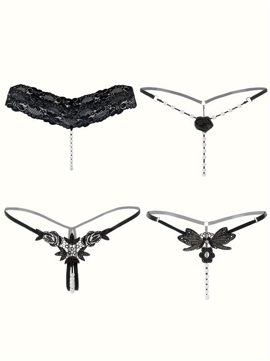 4 Pcs Seductive Lace Thongs - Sultry Low-Rise, Daring Open Crotch, Ultra-Sheer G-String with Delicate Pendant Pearl Accent - Designed for Women, Exquisite Sexy Lingerie and Intimate Underwear