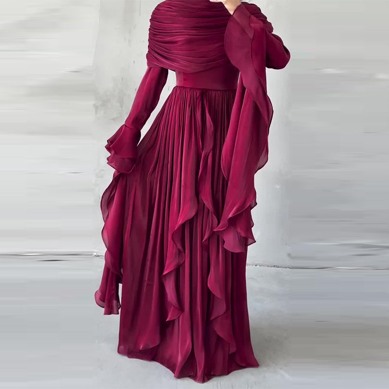 Womens Irregular Pleated Ruffle Red Elegant Long Dress