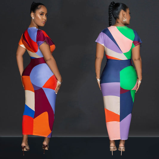 Fashion Women's V-neck Printed Pleated Split Long Dress