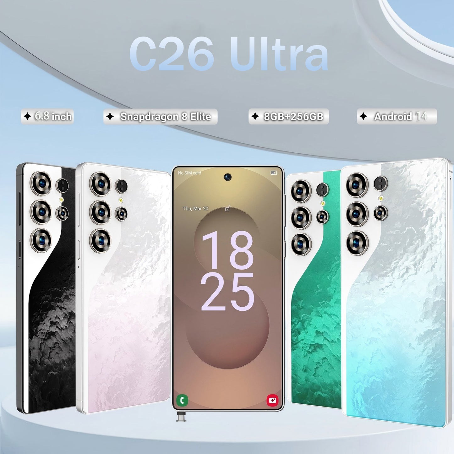 C26 Ultra 5G Unlocked Smartphone, 8GB RAM 256GB Storage Android 15 Cell Phone, 6.9inch FHD Display, 8000mAh Long Battery, Dual SIM, Face & Fingerprint Unlock, GPS, Built-in Stylus