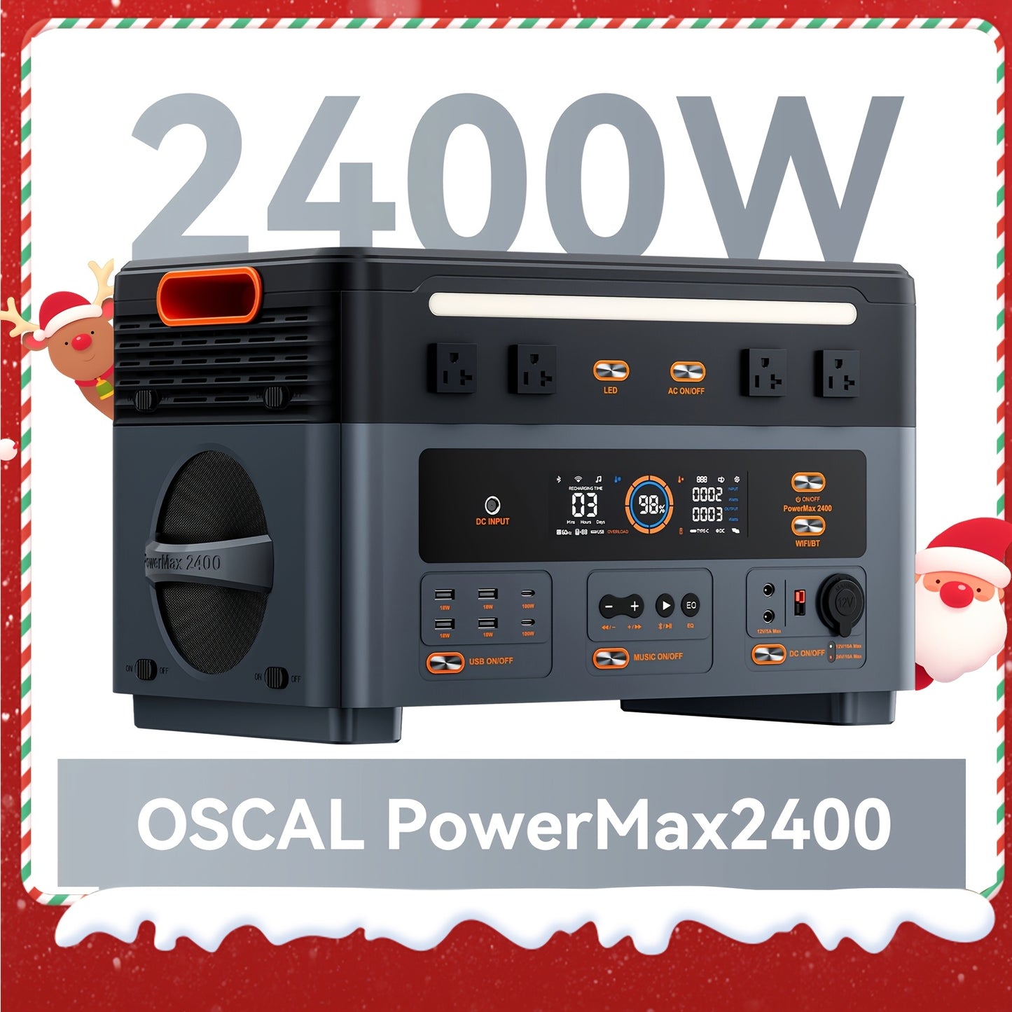 OSCAL Portable Power Station PowerMax 2400, 1872Wh LiFePO4 Battery, Full Charge In 1.5 Hr, 100W USB-C PD Output, 2400W(4800W Peak) Solar Generator With HD Stereo Speakers For Outdoor Camping, RV Travel, Emergency, Home Backup