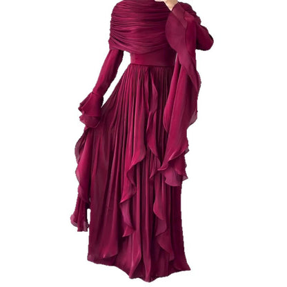 Womens Irregular Pleated Ruffle Red Elegant Long Dress