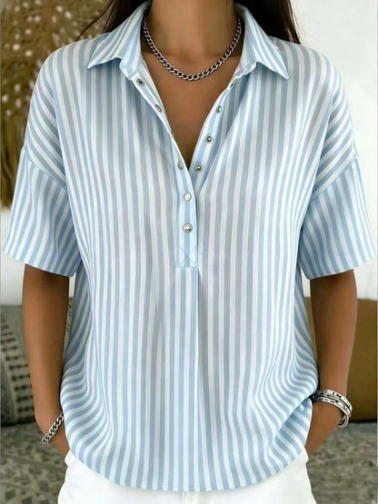 Women's Fashion Casual Striped Short-Sleeve Shirt With Lapel Collar