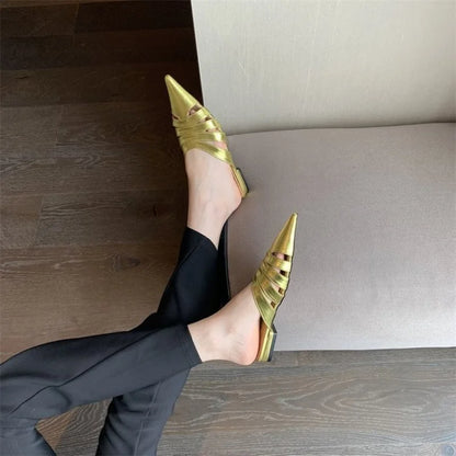 Pointed Toe Women Slides Slippers Black Gold Silver White Casual Outside Flat Slippers Hollow Dress Shoes Summer Slip On Pumps