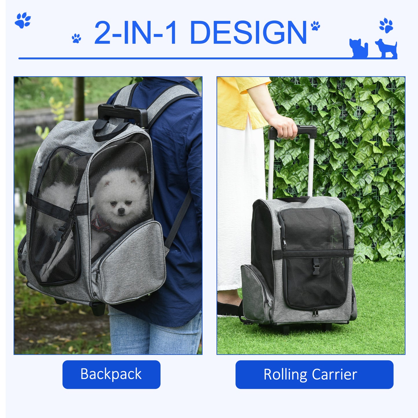 PawHut Pet Travel Backpack Bag Cat Puppy Dog Carrier W/ Trolley And Telescopic Handle Portable Stroller Wheel Luggage Bag (Grey)