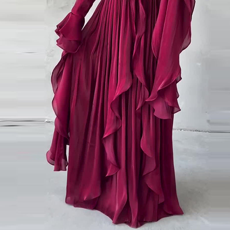 Womens Irregular Pleated Ruffle Red Elegant Long Dress