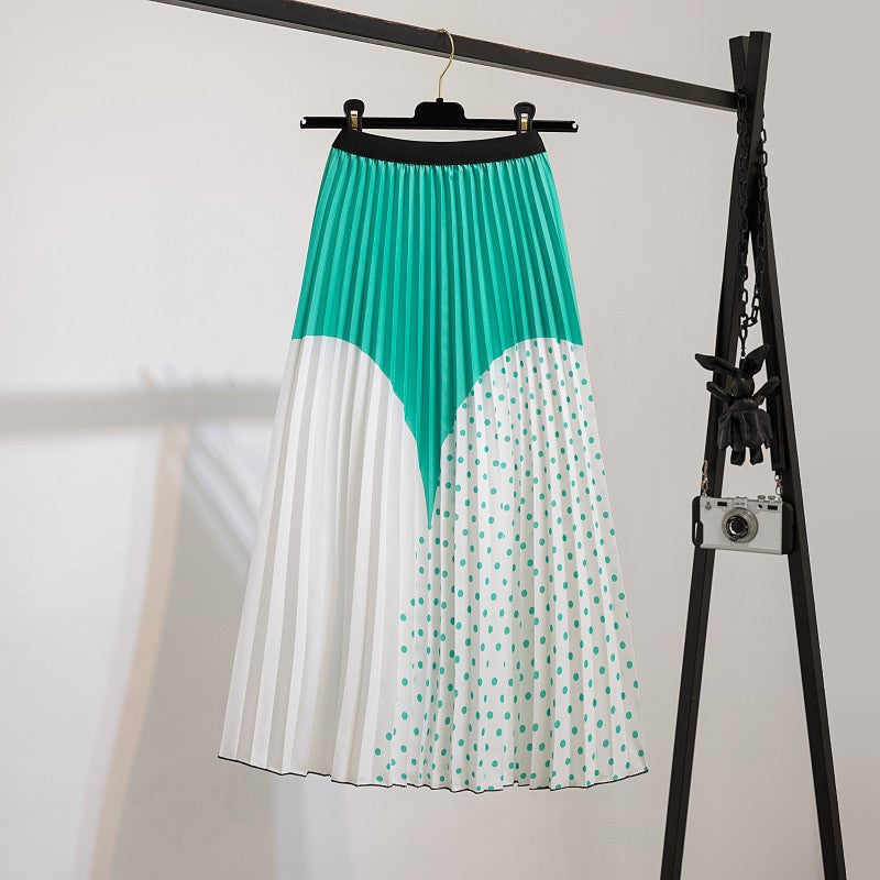 Skirts Women's Elastic Waist Pleated Skirts Printed Mid-Length Skirts Pleated Large Swing A-line Skirts