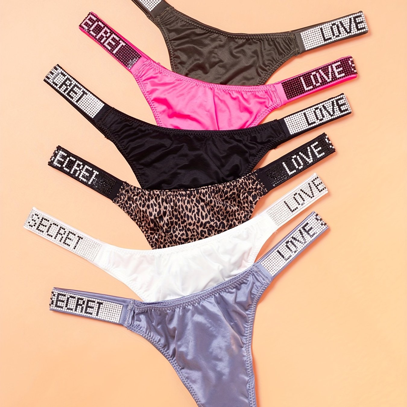 6pcs Rhinestone Letter Low Waist Stretchy Women's Sports Panties, Lingerie & Underwear