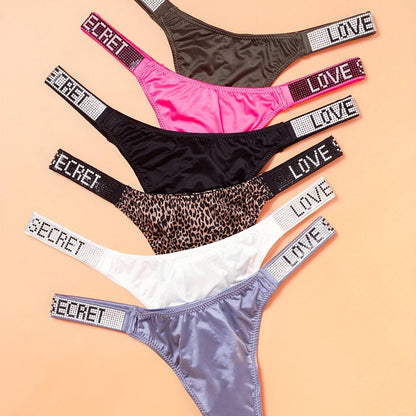 6pcs Rhinestone Letter Low Waist Stretchy Women's Sports Panties, Lingerie & Underwear