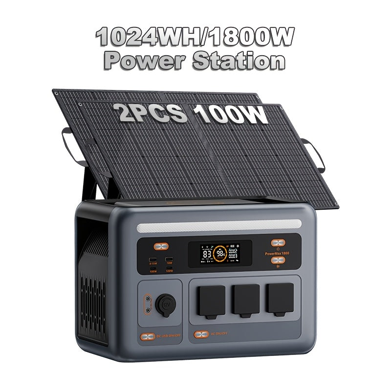 (2025 New) OSCAL Solar Generator With 2x100W Solar Panel PowerMax 1800, 1024Wh LiFePO4 Battery Generator With 3 AC Outlets (3200W Surge), 700W AC Charging, App Control Power Station For Home Backup