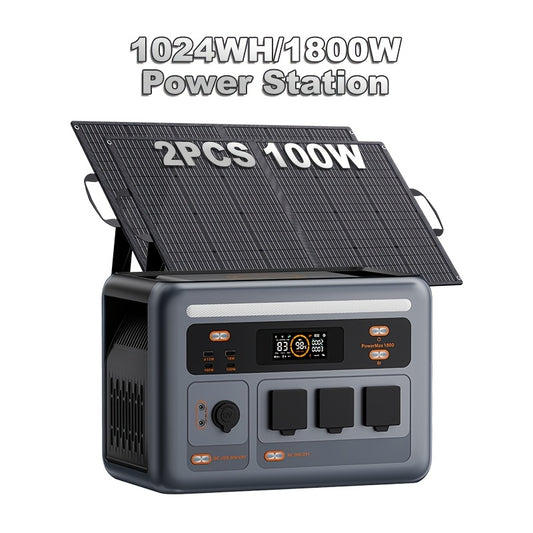 (2025 New) OSCAL Solar Generator With 2x100W Solar Panel PowerMax 1800, 1024Wh LiFePO4 Battery Generator With 3 AC Outlets (3200W Surge), 700W AC Charging, App Control Power Station For Home Backup