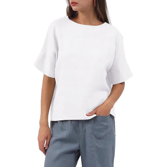 Linen Top Crew-neck Short-sleeve Shirt