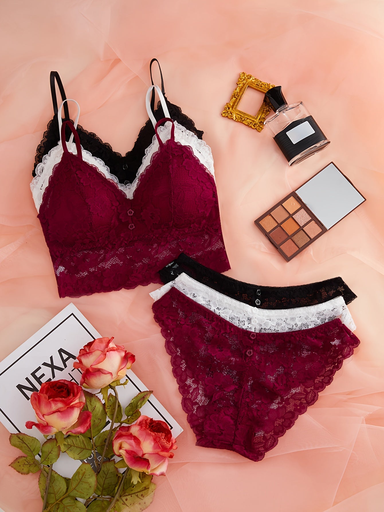 3 Sets Floral Lace Bra & Panties, Wireless Bra & Mesh Panties Lingerie Set, Women's Lingerie & Underwear