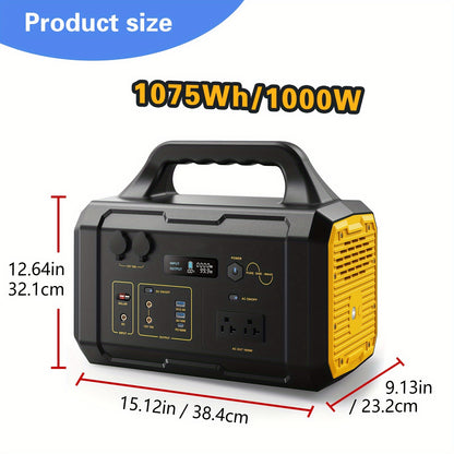 Portable Power Station For Camping 1000W, 1075Wh LiFePO4 Battery-Powered Generator With 1000W AC Outlets, 100W PD, USB, 9 Output Ports, Solar Generator For Camping Gear, Survival Gear, Home Backup, Outdoor Adventures, And Eme