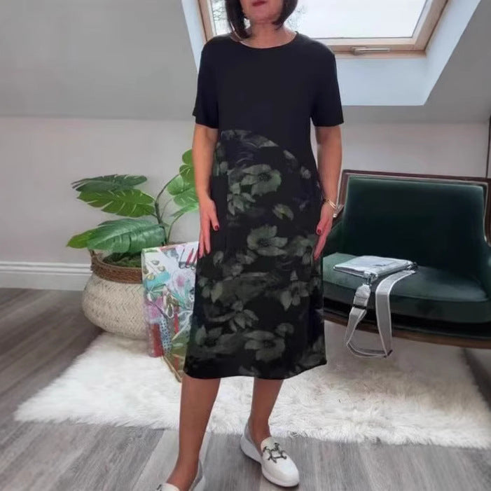 European And American Style Fashionable Patchwork Printed Crew-Neck Midi Dress