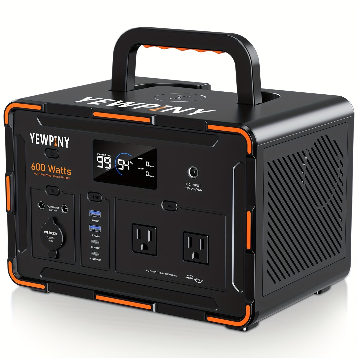 YEWPINY 600W Portable Power Station, 600W Fast Charging, 599.4Wh Lithium Battery Solar Generator AC Power Socket, DC Port, LED Lighting, PD And USB, A Total Of 9 Output Ports, Suitable for Home, Outdoor Travel, Camping And Po