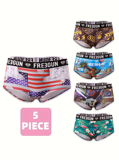 5pcs Soft & Comfortable Cartoon Print Boy Shorts - Women's Lingerie & Underwear with Cute Designs, Breathable Fabric, and Relaxing Fit for Everyday Wear