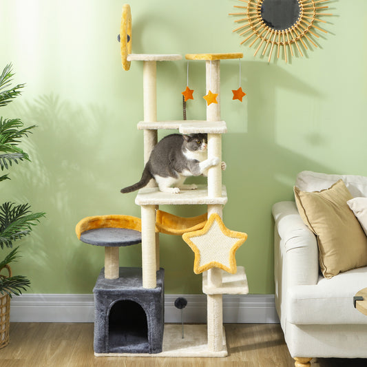 63 Inch Moon and Star Themed Cat Tree with Scratching Post, Hammock, Condo, Bed, Scratching Board & Cat Toys, Beige
