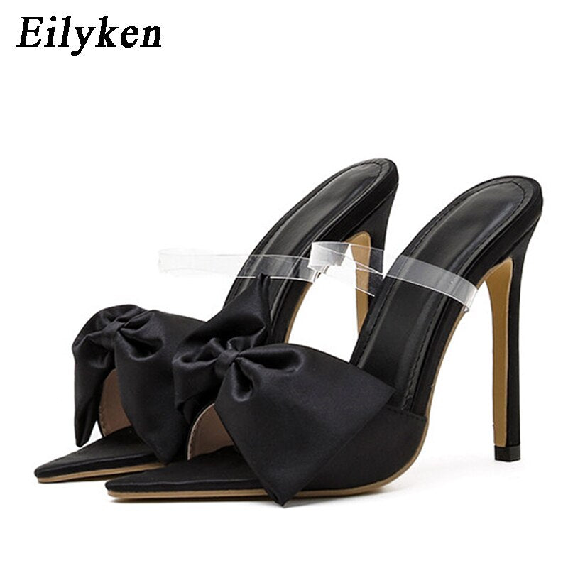 New Fashion Bowknot Women's Slippers Pointed Toe Thin High Heels Summer Elegant Dress Party Ladies Slides Pumps Shoes